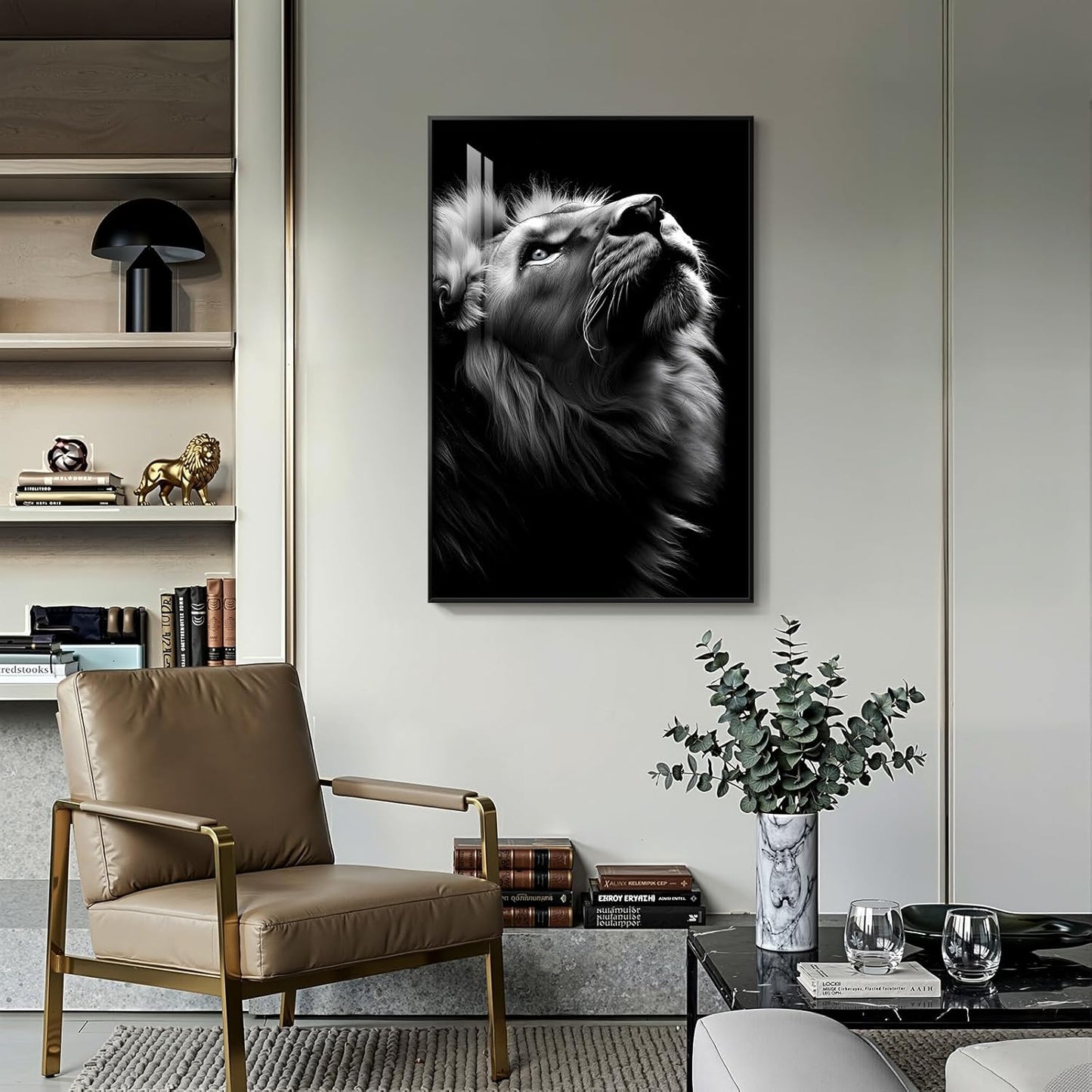 Skiennix Framed Black and Gray Modern Wall Art - Contemporary Lion Portrait Print | 24x36 In Minimalist Decor