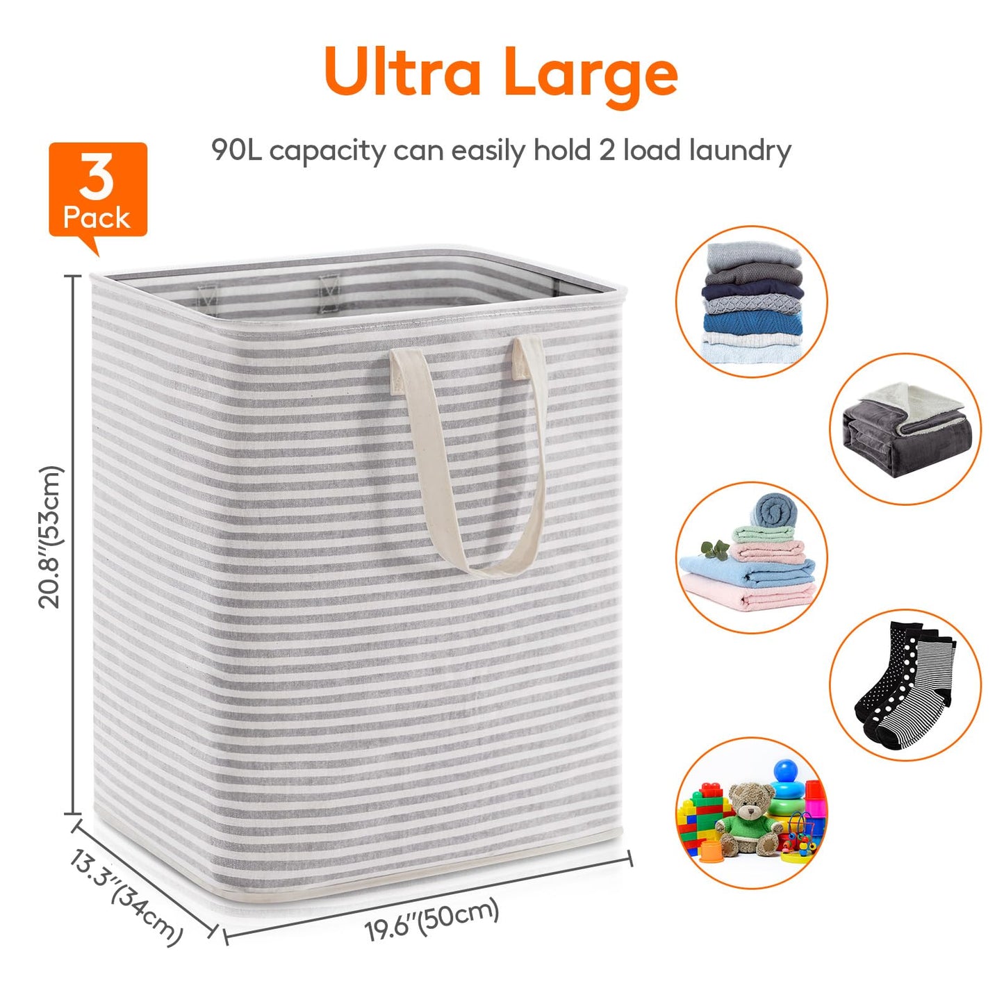 Lifewit 3 Pack Laundry Basket 90L Each, Collapsible Clothes Hamper with Reinforced Handles, Freestanding Waterproof Design for Bedroom and Laundry Room, Grey 270L Total