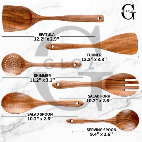 GLOZ Kitchen 6-Piece Wooden Spoons for Cooking-Smooth Teak Wooden Utensils for Cooking Comfort-Grip Wood Spoons for Cooking spoons