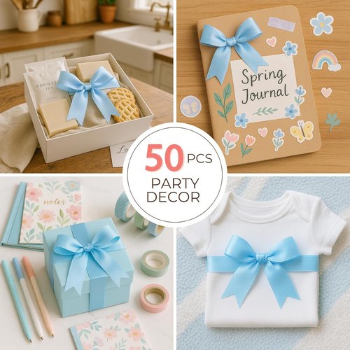 Blue Gift Wrap Bows - 50pcs Elegant Reusable Bows for Gift Wrapping & Party Decor | Light Blue