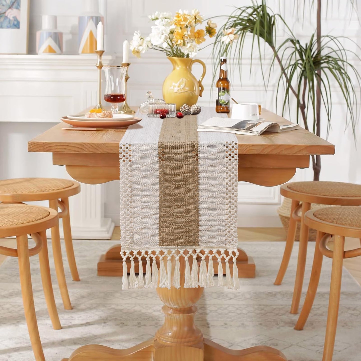 OTOSTAR Boho Table Runner with Tassels 60 Inches Long Farmhouse Rustic Table Runner Macrame Burlap Table Decoration for Home Decor Living Room Bridal Shower, Single Striped (12x60 Inches)