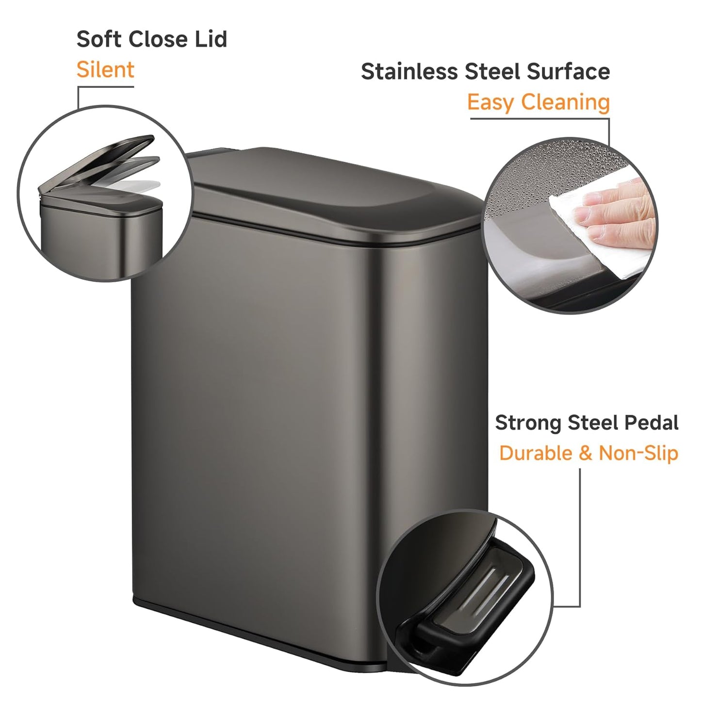 TIPGO Slim Bathroom Trash Can - Soft Close Lid, 6L Stainless Steel with Removable Inner Bucket | Black Gold