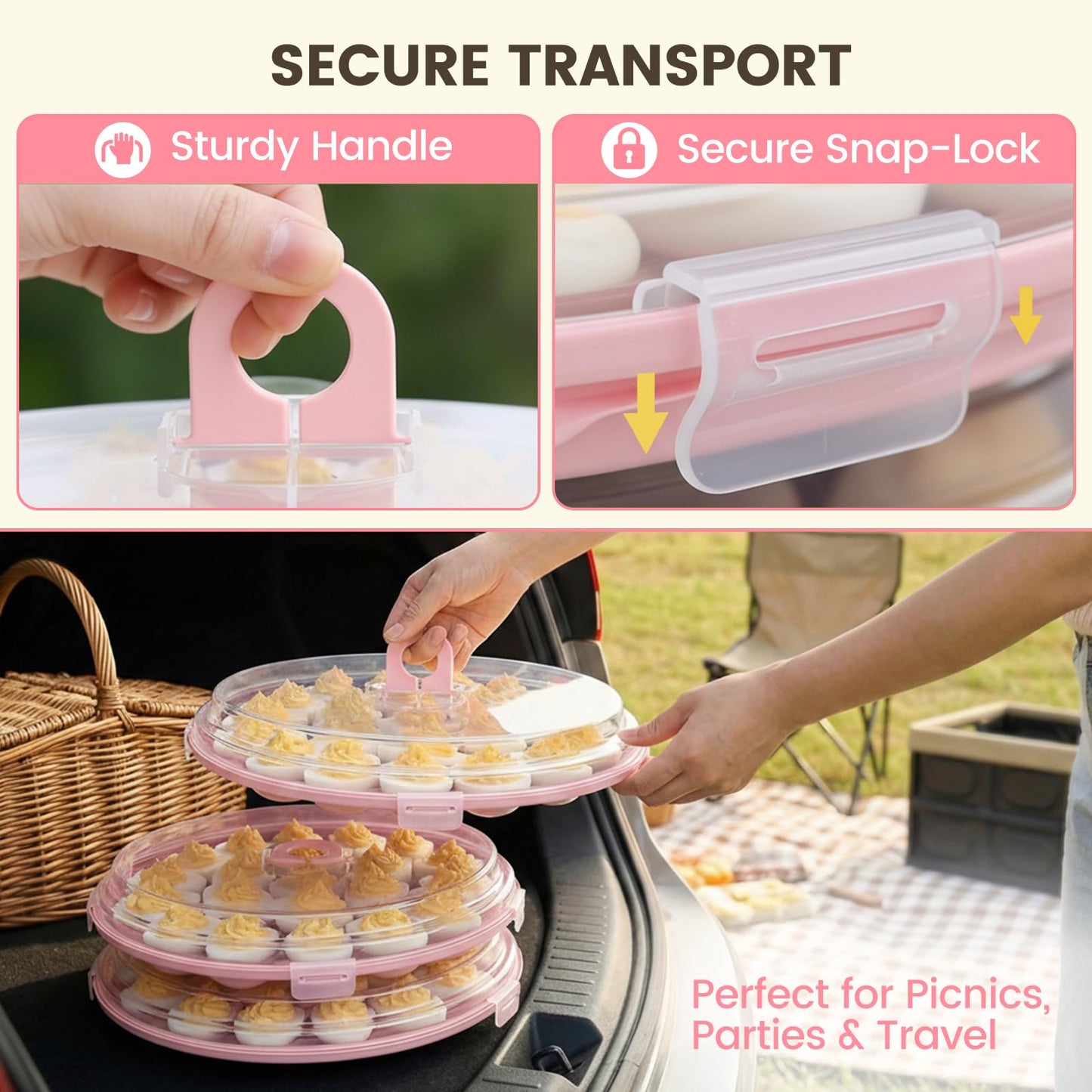 HANSGO Deviled Egg Containers with Lid, 3PCS Deviled Egg Platter Carrier Holder Trays with 66 Slots for Holiday Party and Home Kitchen, Pink