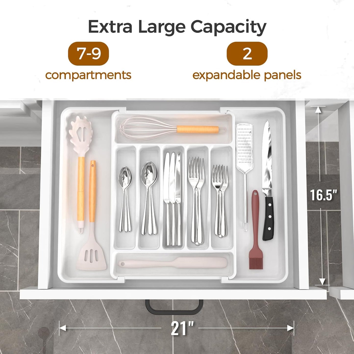 Ukeetap Extra Large Silverware Organizer - BPA-Free Adjustable Cutlery Holder for Kitchen Drawers | White
