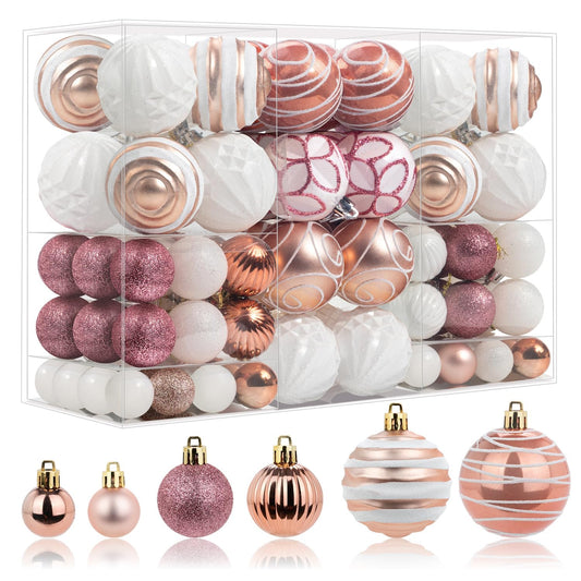 100 Pcs Christmas Ball Ornaments Set, Rose Gold and White Xmas Tree Decoration, Pink White Shatterproof Decorative Hanging Balls with Loop for Christmas Party Holiday Wreath Garland Home Décor