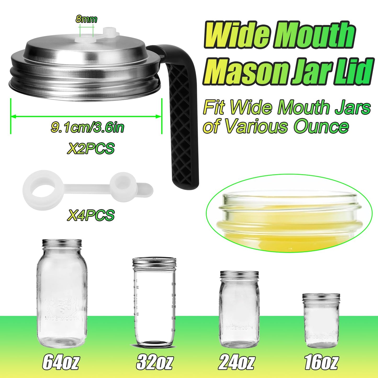 Palksky Mason Jar Lids with Straw Hole Wide Mouth, Stainless Steel Drinking Lid with Handle & Silicone Rings, Spill-Resistant Mason Jar Straw Lid for Iced Coffee, Juice, Lemonade (2 Packs)