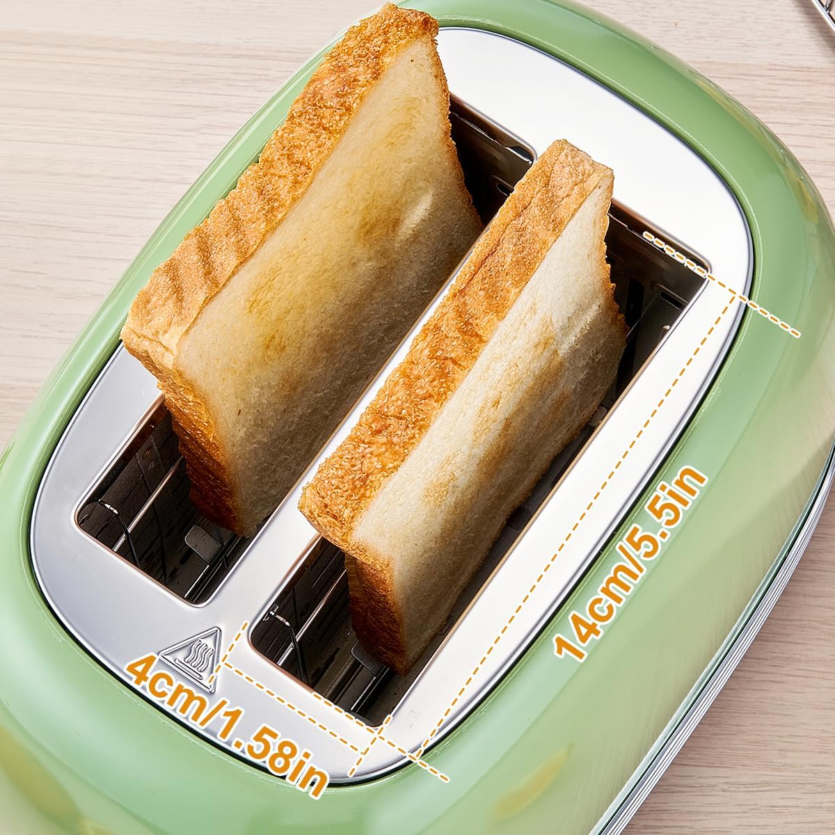 Wiltal Green Retro 2-Slice Toaster - 1.58" Wide Slots, Stainless Steel Lid, Warming Rack & Countdown Timer