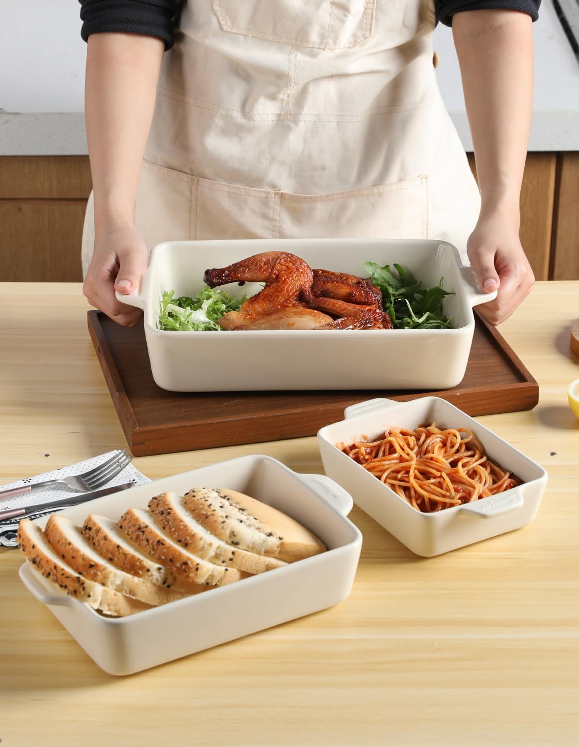 Sweejar Ceramic Bakeware Set - Rectangular Baking Dish for Lasagna & Casseroles | 11.8 x 7.8 x 2.76 Inches (Beige)