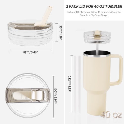 CeleVista 2 Pack 40 oz Flip Straw Lid for STANLEY Quencher ProTour and H2.0 FlowState Tumbler(Only for STANLEY Tumbler), Leakproof Lid, No Spill & Easy to Use Reusable Cover(Cream)