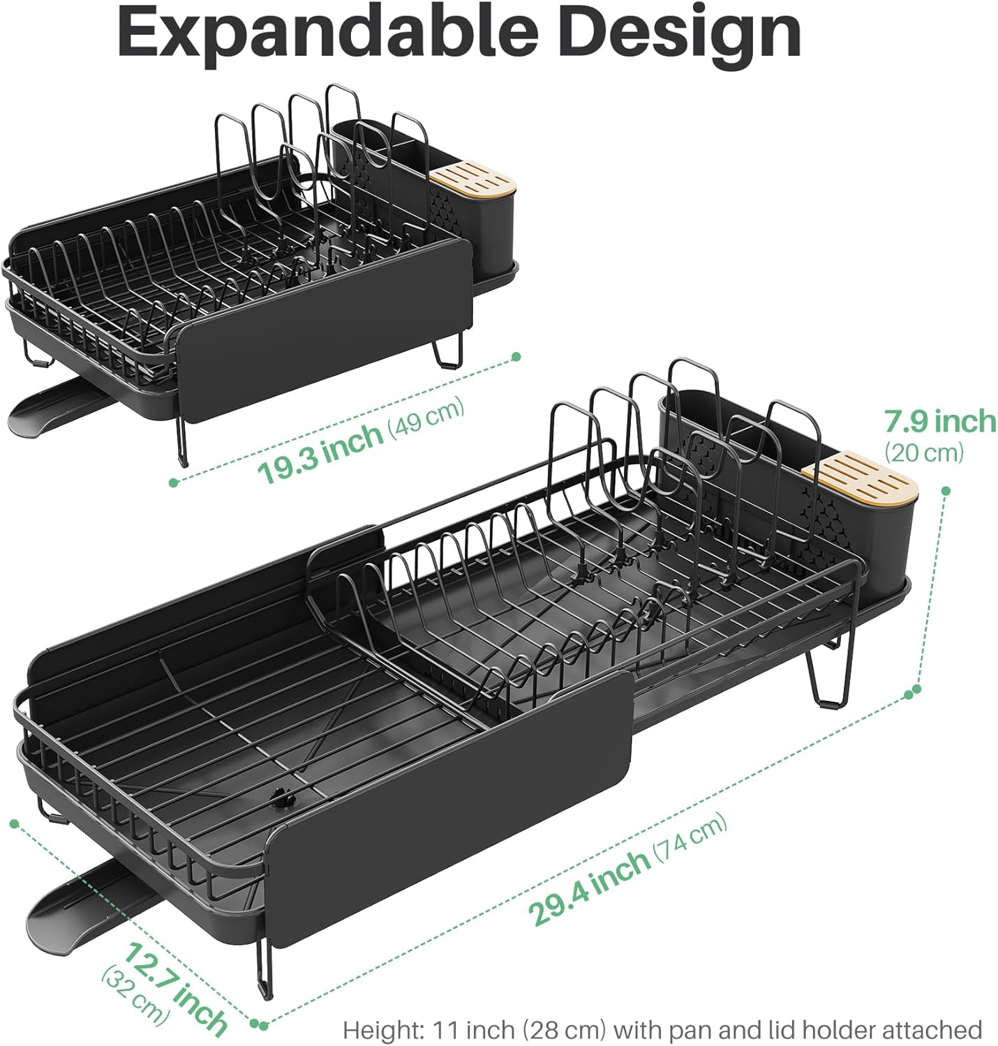 SNTD Large Dish Drying Rack - Expandable Stainless Steel Kitchen Dish Drainer (19.3" to 29.4", Black)