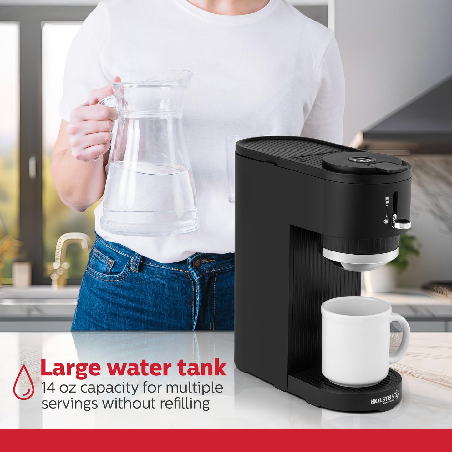 Holstein Housewares 2-in-1 Single Serve Coffee Maker, Dual Brew, Compatible with K-Cup Pods & Ground Coffee, Reusable Filter Included, Compact Drip Coffee Machine, 14oz Tank, Fits Most Cups - White