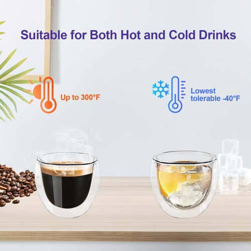 Double Wall Expresso Cups (Set of 2), 3 Ounce Glass Espresso Mugs - Clear, Double Walled, Insulated, Small Demitasse Cups for Espresso Machine - Microwave Safe