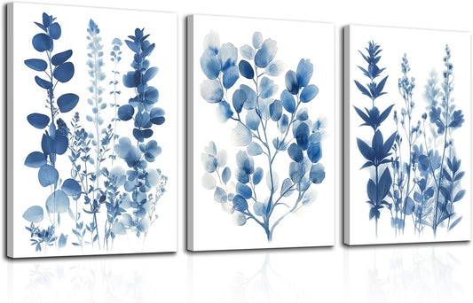 WLHARTT Blue Botanical Canvas Wall Art, Modern Eucalyptus Leaves Plant Artwork, Minimalist Watercolor Floral Art Painting for Bedroom, Living Room Wall Decor Framed Ready to Hang 16"x24"x3