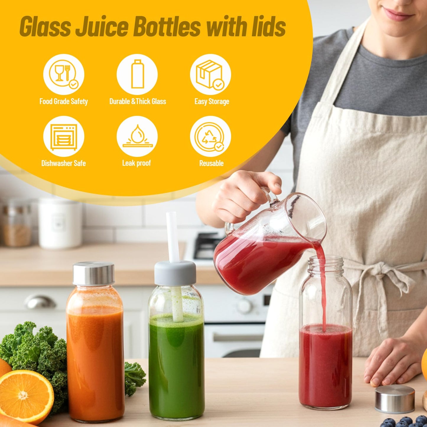 Luxfuel Glass Juice Bottles with Lids 10oz, 6 Pack Reusable Glass Water Bottle with Stainless Steel Caps & Straws, Leak Proof, BPA-Free – Small Juice Bottles for Juicing, Smoothies & Fridge Storage