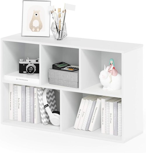 Furinno LUDER 5-Cube Bookshelf - Reversible Design for Easy Assembly | White, 9.4 x 19.5 x 31.5 Inches
