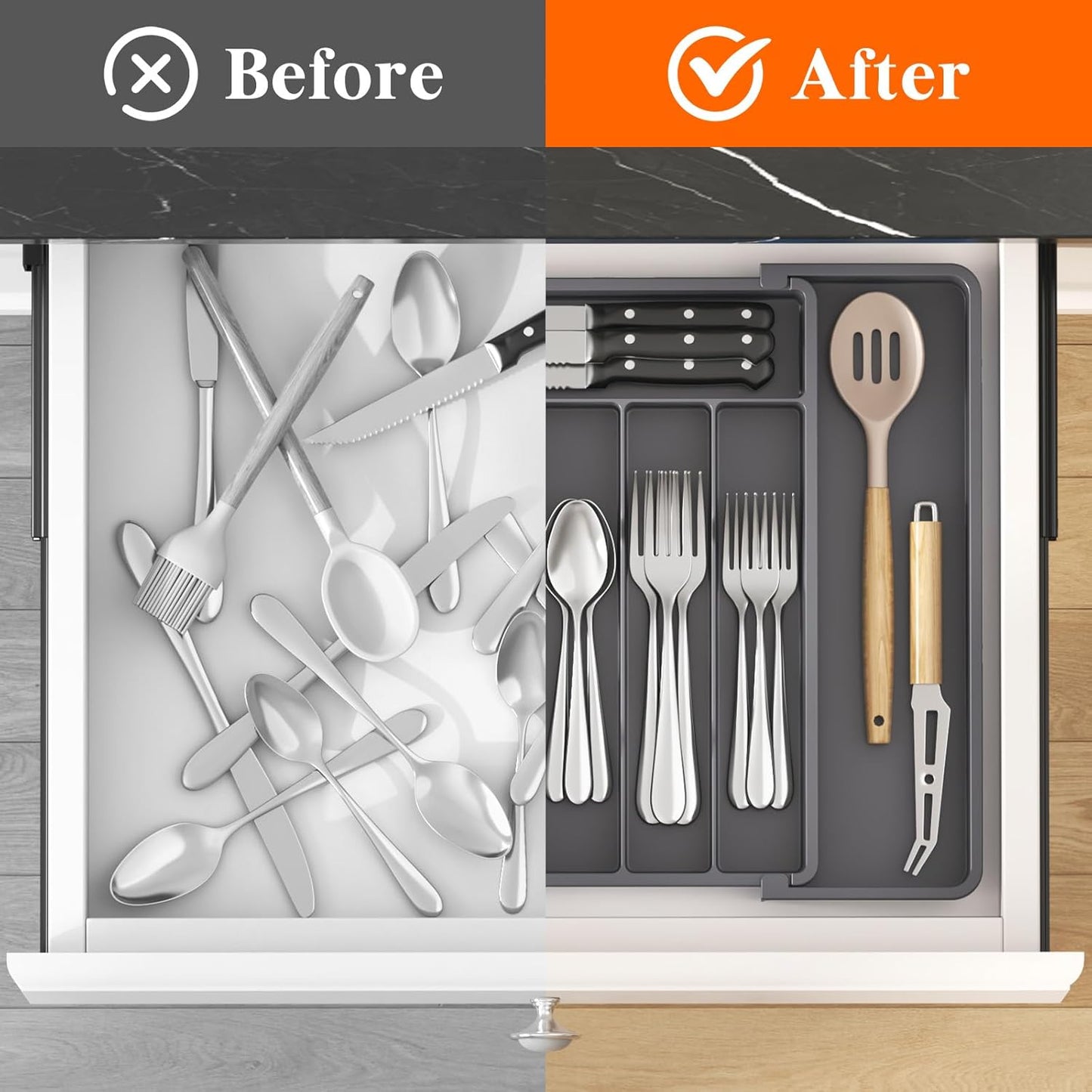 Lifewit Expandable Silverware Drawer Organizer - BPA-Free Utensil Tray for Kitchen | Adjustable Storage, Dark Grey (10.9"-17.5" x 13.7")