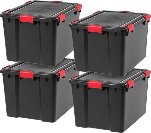 IRIS USA WeatherPro 74 Qt Storage Bins - BPA-Free Plastic with Tight Seal & Latch | Stackable Black/Red 4-Pack