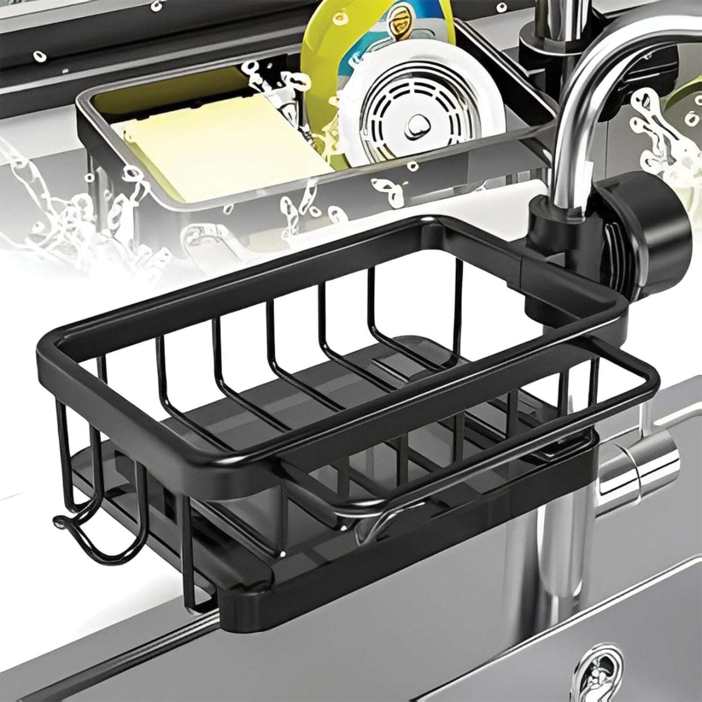 UnIVerse Hub Kitchen Sink Faucet Organizer – Compact Design for Round Faucets (10.6 × 5.7 cm) – Black (Left)
