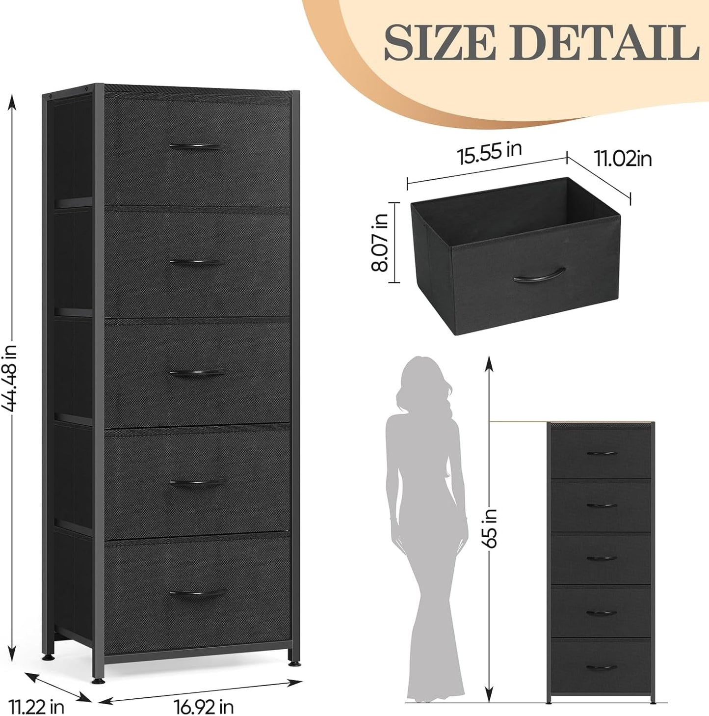 MOOACE 5-Drawer Dresser | Tall Fabric Storage Unit with Wooden Top | Black Metal Frame for Bedroom & Hallway
