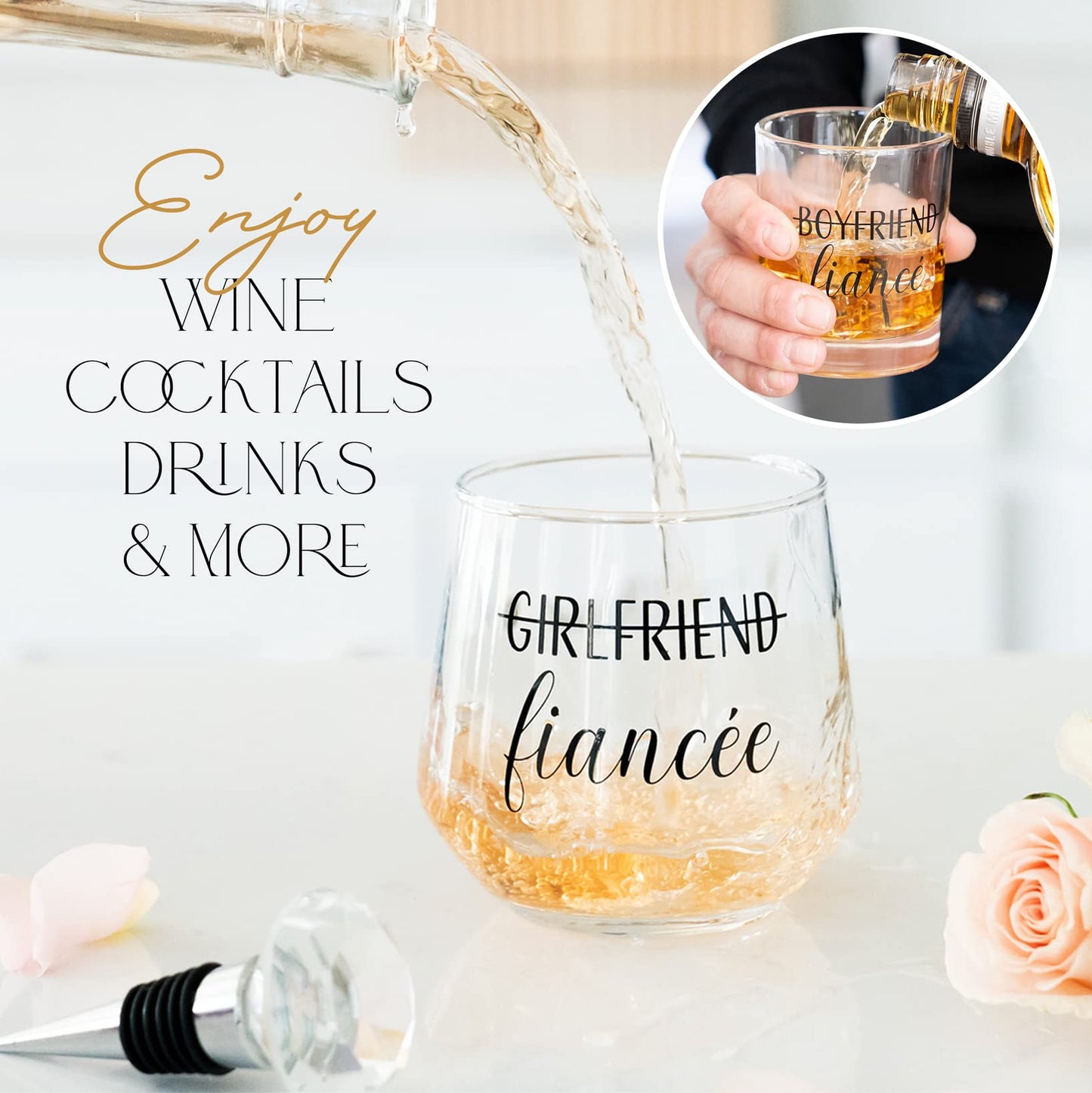 Newlywoo Engagement Gifts for Couples — Engagement Gifts for Newly Engaged Couples, Unique Fiance Gifts for Him or Her! Whiskey Wine Glasses with Diamond Wine Stopper