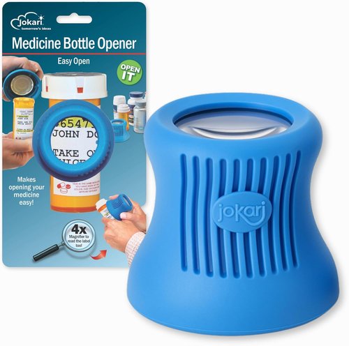 Jokari Easy Open Medicine Bottle Opener - 4x Magnifier & Built-In Cap Grip Tool for Seniors