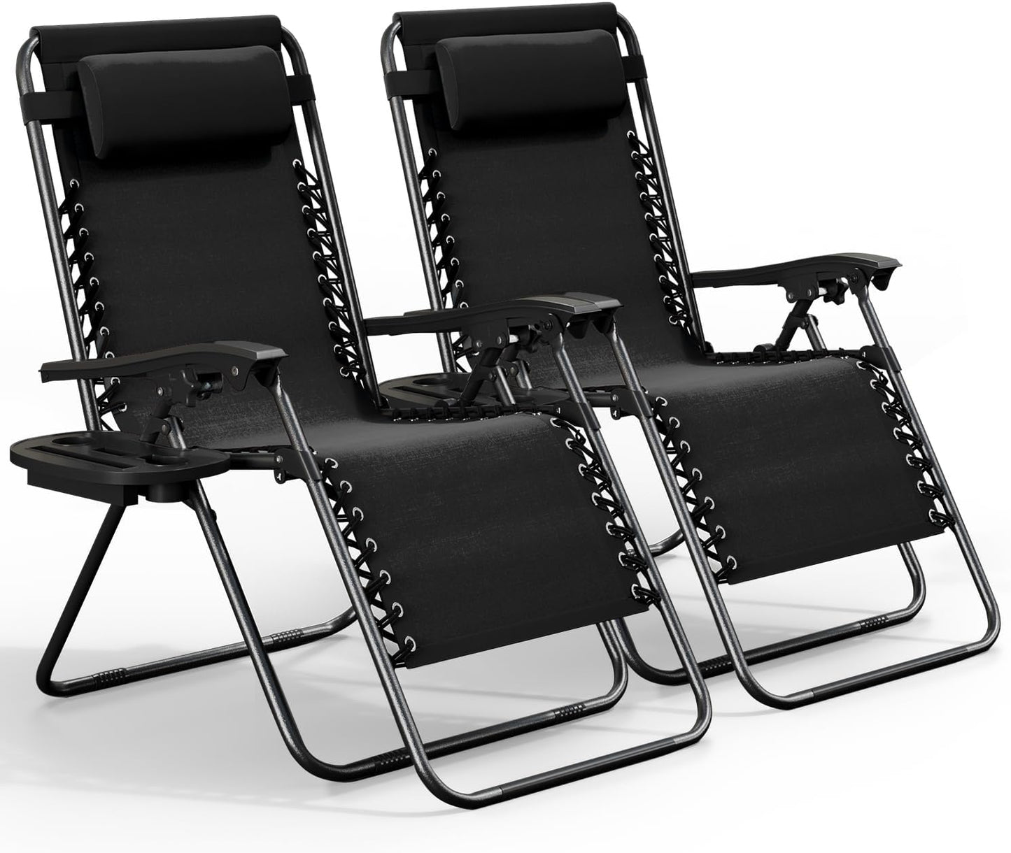 Nestl Zero Gravity Chairs - Set of 2 Adjustable Outdoor Lounge Chairs with Pillows & Cup Holder - Black
