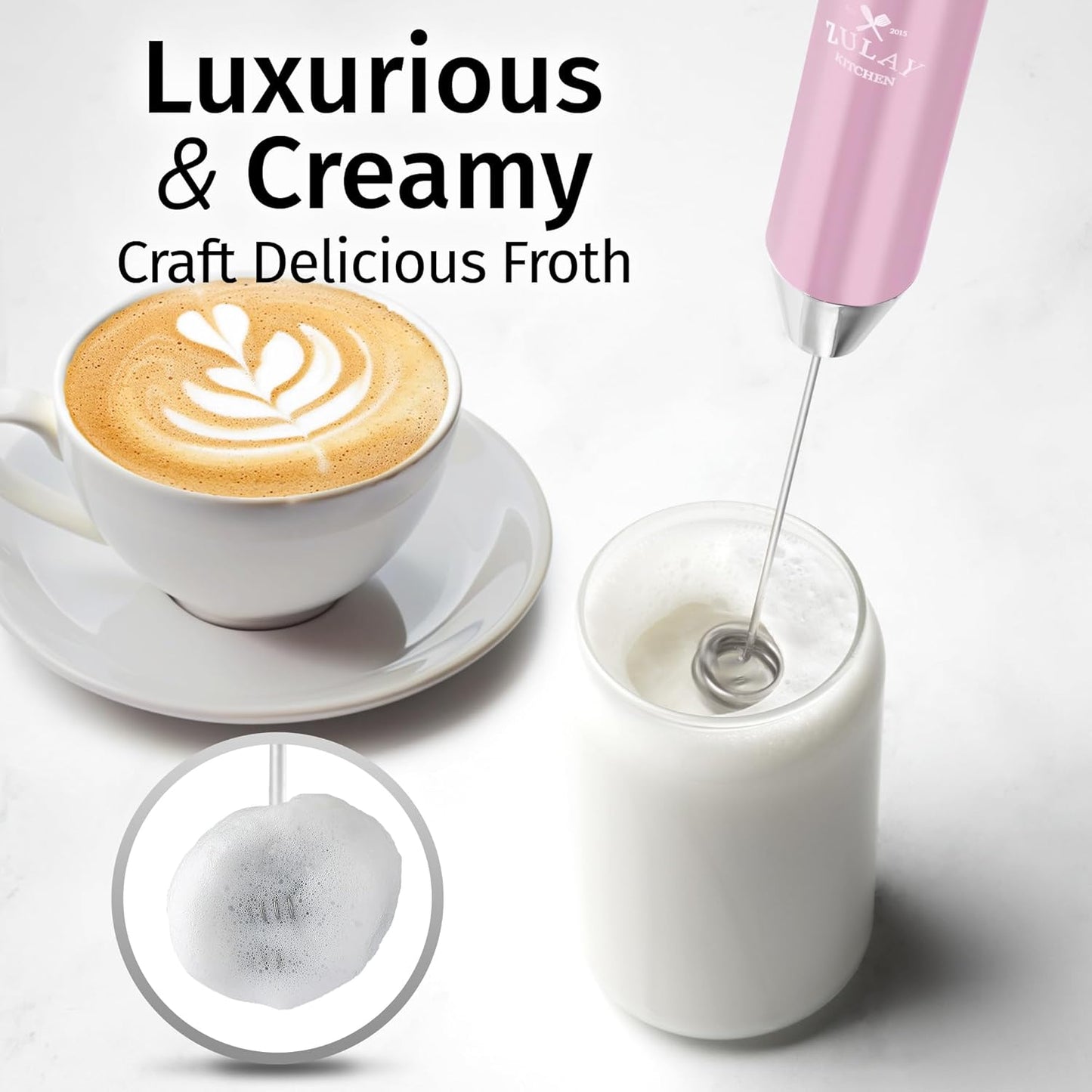 Zulay Kitchen Rechargeable Milk Frother - Powerful 2-Speed Motor, Waterproof, 2000mAh Battery | Pink Bubblegum for Lattes & Cappuccinos