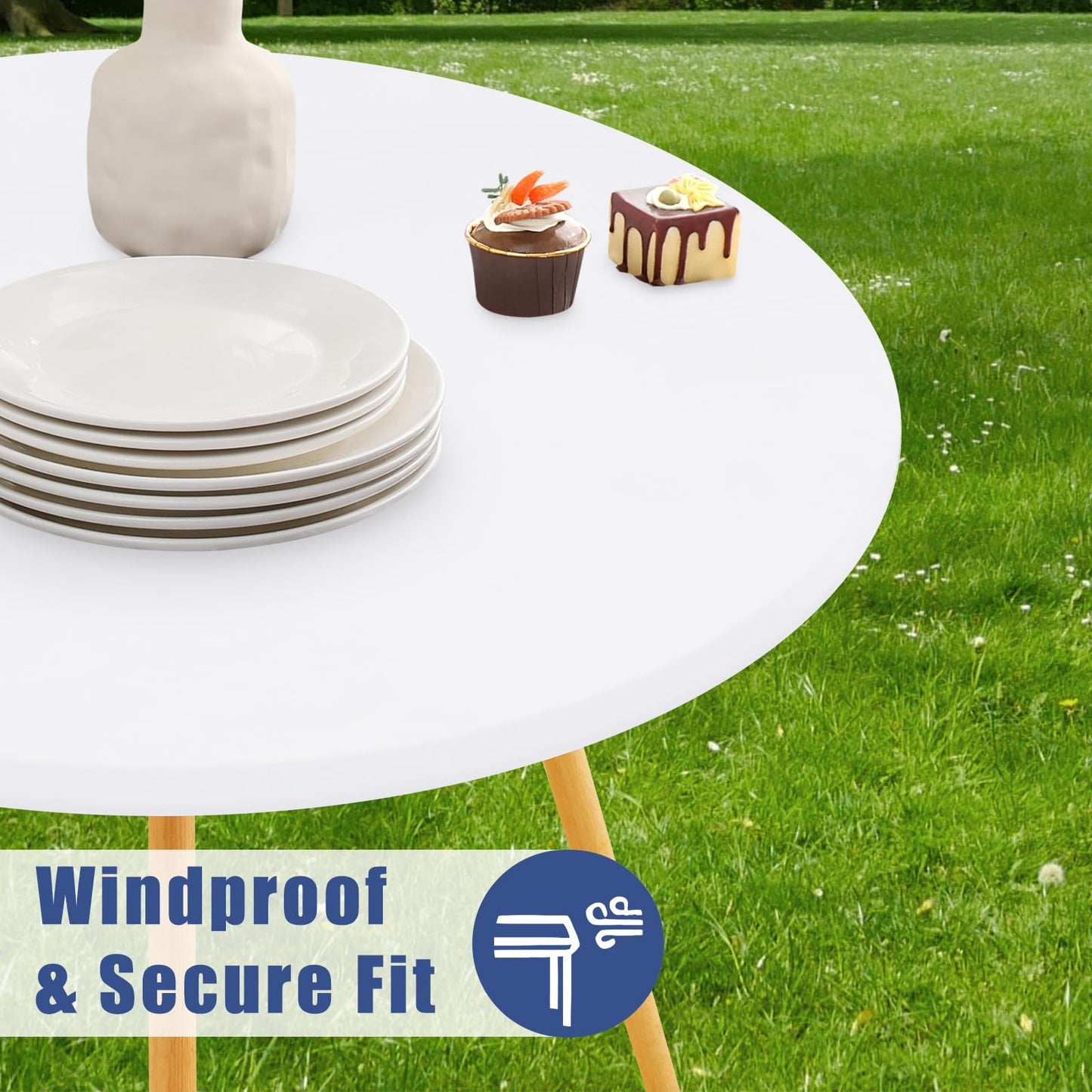 Moosfor Round Spandex Tablecloth, Elastic Fitted Waterproof Tablecloths for 18"-24" Tables, Stretch Washable Picnic Table Cover for Camping, Dining, Indoor and Outdoor, White