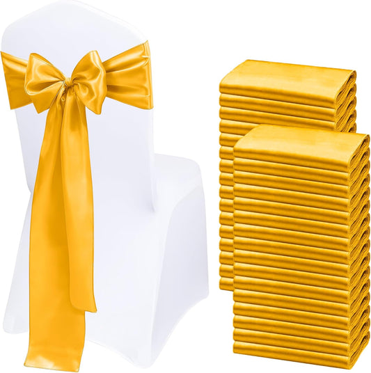 Skiennix Satin Chair Sashes - 50 Pcs Elegant Ribbon Bows for Weddings & Events | Gold 7x108 Inch