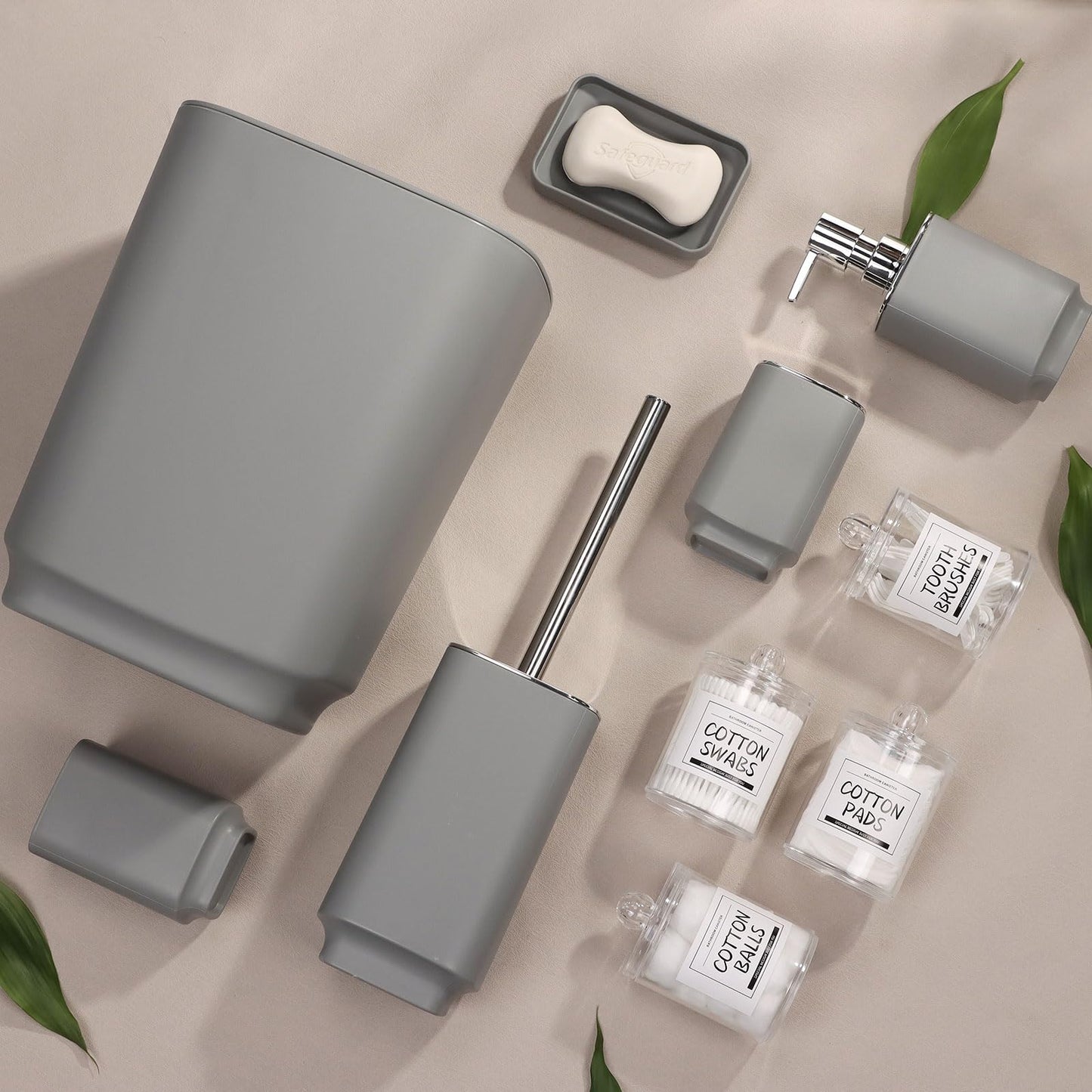 IMAVO Grey Bathroom Accessories Set,11Piece Bathroom Accessory Gift Set,Trash Can,Tray,Toothbrush Holder,Toothbrush Cup,Soap Dispenser,Soap Dish,Toilet Brush and Qtip Holders