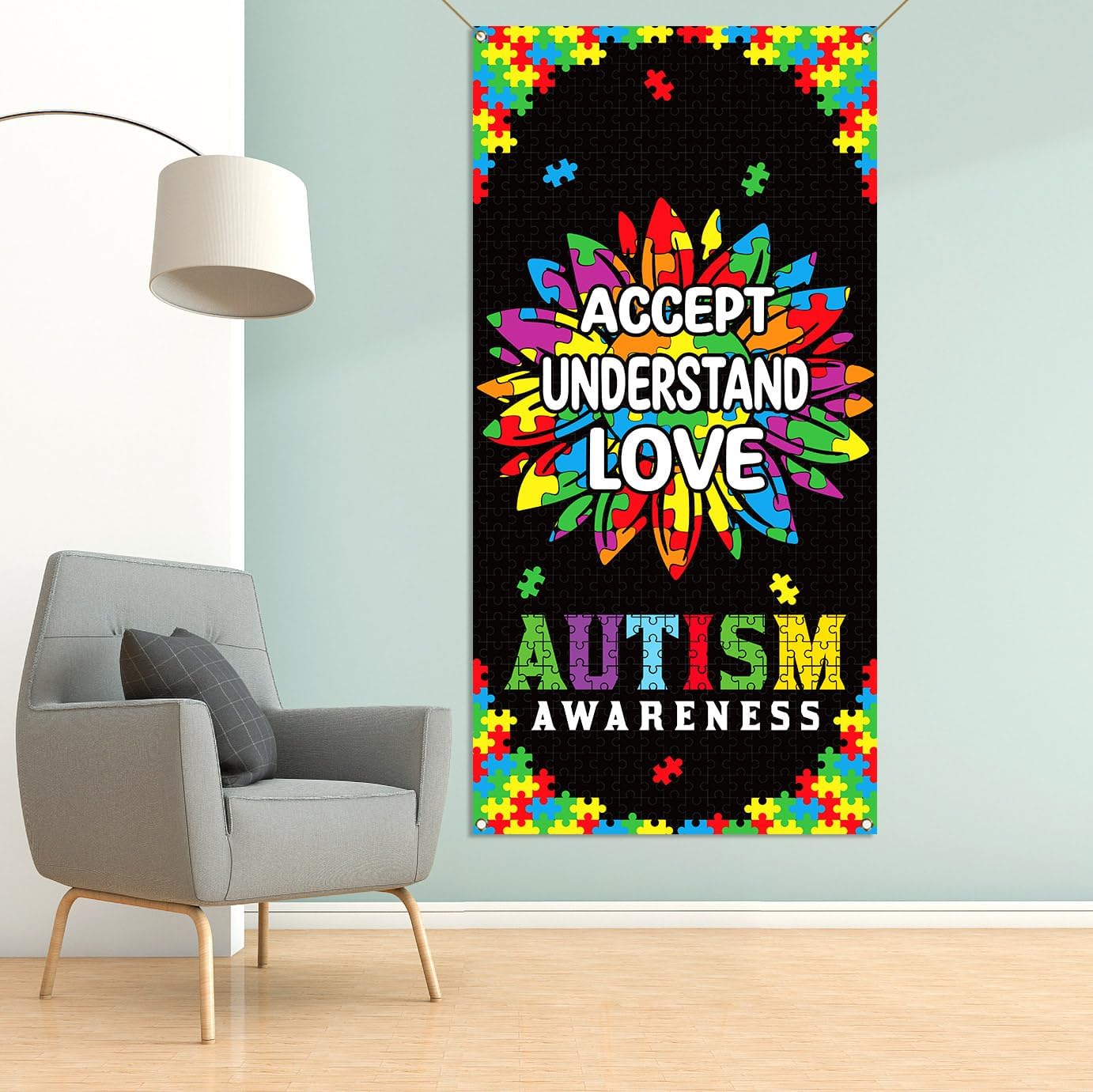 Sunwer Autism Awareness Door Cover - Puzzle Piece Design for April Decoration | Sunflower Front Porch Sign