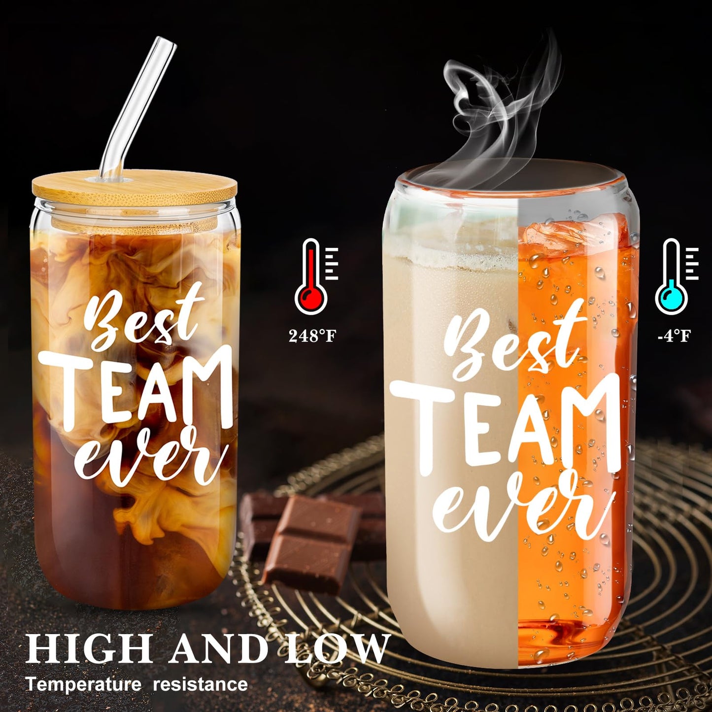 Purpeak 12 Set Employee Appreciation Gifts Thank You Gifts for Staff Coworker Thank You Glass Cups 16 oz Can Shaped Beer Glass with Lids Straws Brushes for Teacher Nurse(Best Team Ever)