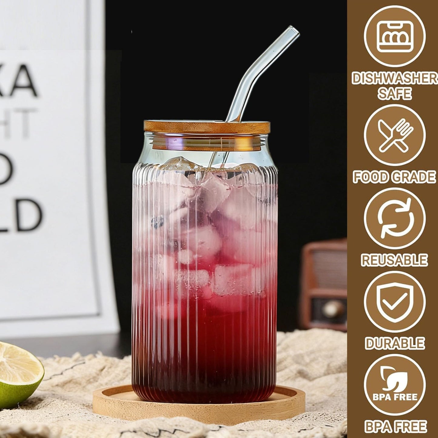 2 PCS Glass cups with Lids and Straws, 16 OZ Iced Coffee Cups, Ribbed Glass Tumbler with Straw and Bamboo Lid, Thick Drinking Beer Glasses for Coffee, Juice, Match Cup with Cleaning Brush (Clear)
