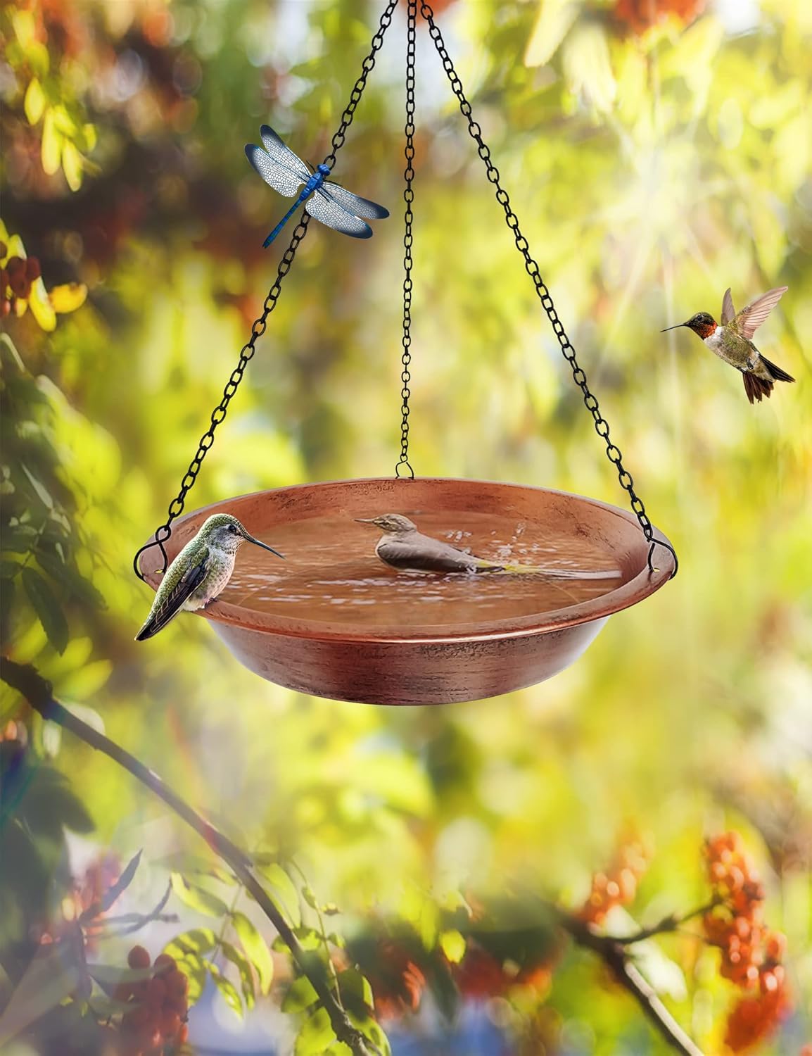 Skiennix Hanging Bird Bath - Antique Copper Metal Feeder with 17” Rust-Proof Chains for Garden Decor