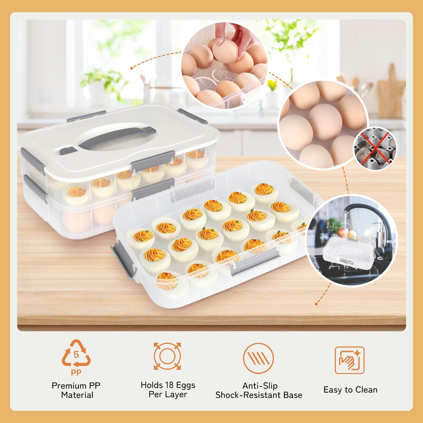 Splotiva Deviled Egg Container with Lid, 54 Slots Egg Tray Carrier with Handle, Stackable Egg Tray, 12.2 x 8.4 x 6.3 inches (Green, 3 Layer)