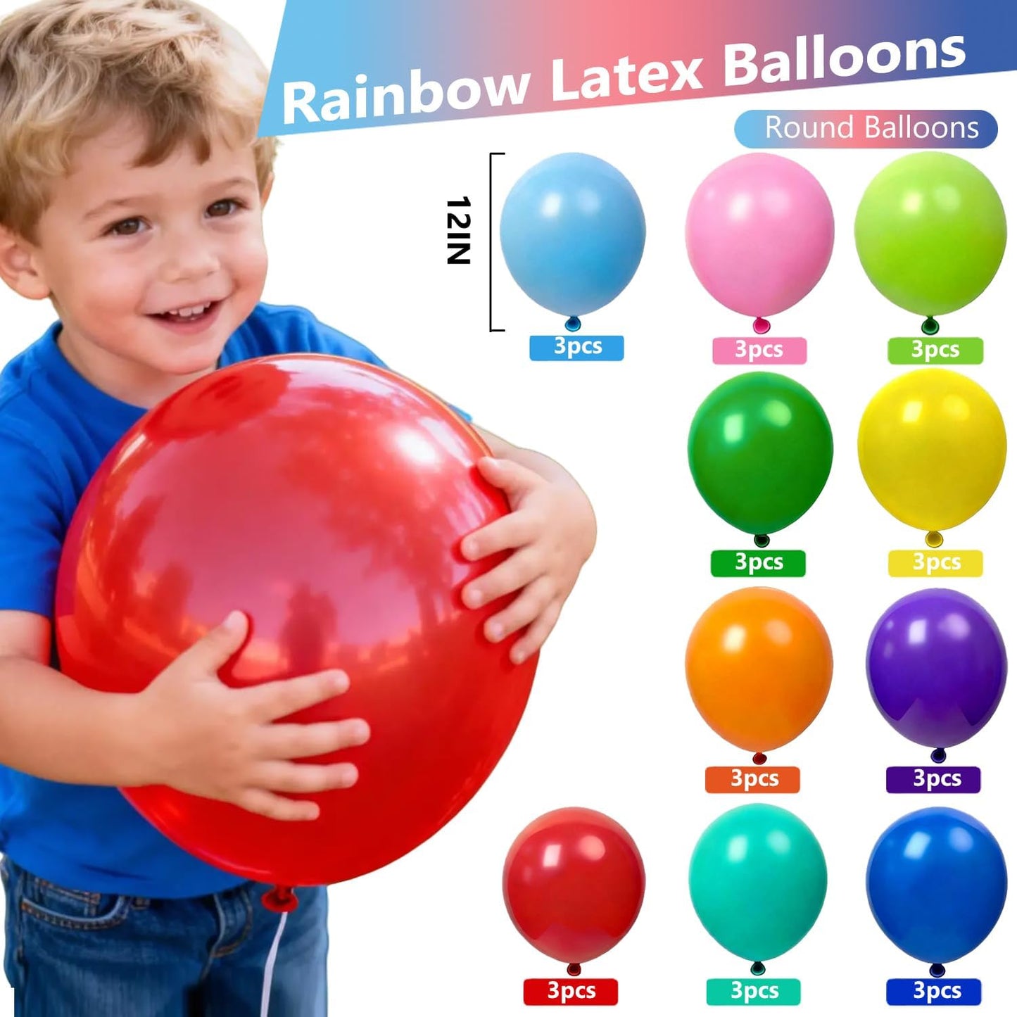 XNUT Rainbow Latex Balloons - 60 Pack of 12-Inch Round & 60-Inch Long Helium Balloons for Parties