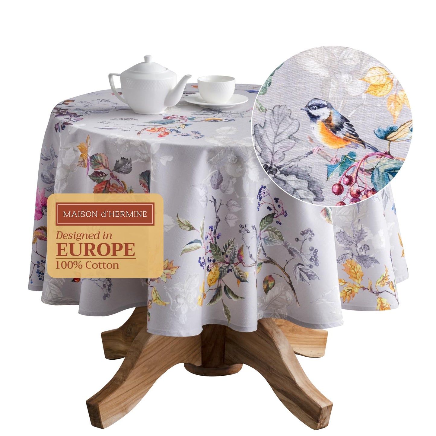 Maison d' Hermine Table Cloth Round Table 100% Cotton 63 Inches Fall Tablecloth Reusable Everyday Use for Thanksgiving Christmas Decorations Dining Farmhouse Party (Equinoxe - Grey)