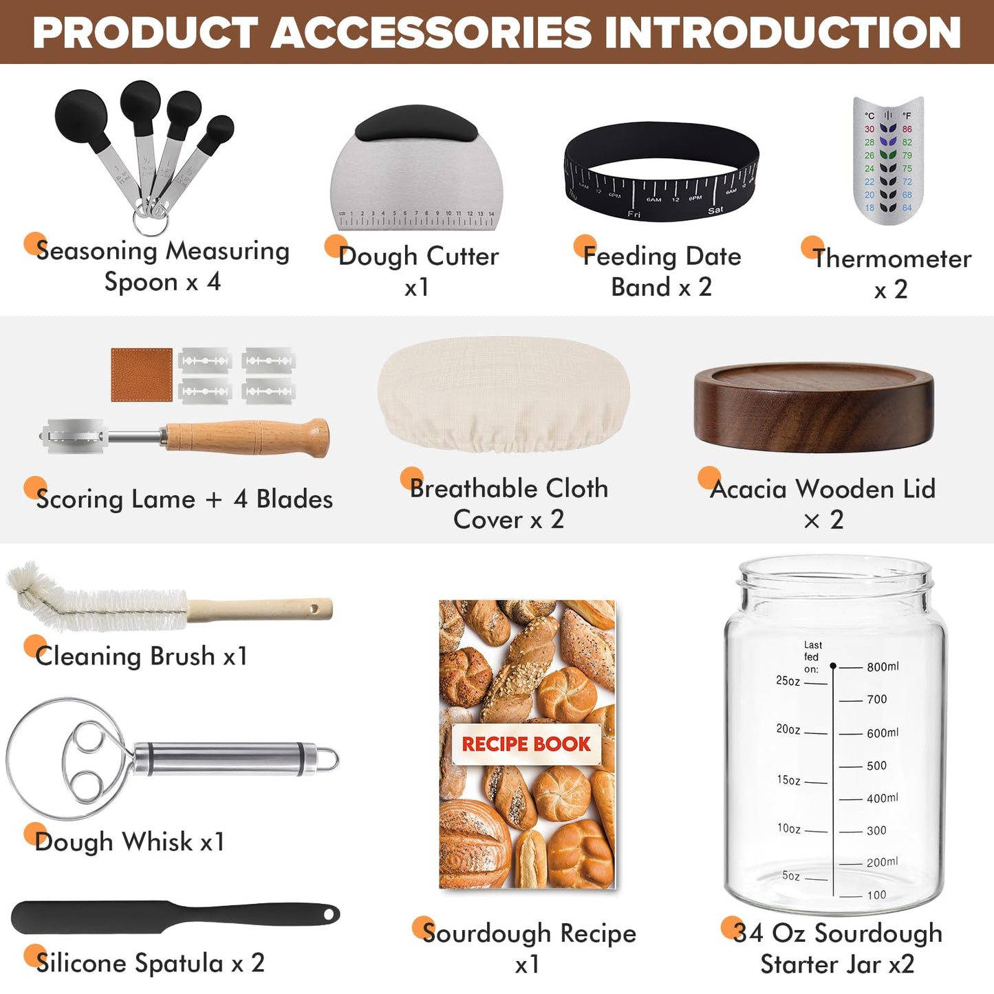 RYTOXILO Sourdough Starter Jar Kit, 34 Oz Glass Sour Dough Jars Wide Mouth for Beginners, 10 Pcs Bread Starter Container Set with Acacia Wooden Lid, Glass Jar with Bread Baking Supplies Accessories