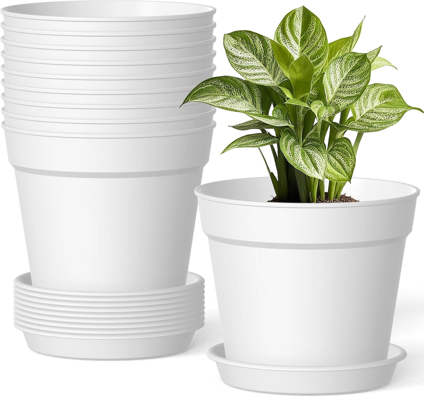Skiennix 6-Inch Plant Pots - 10 Pack with Drainage & Saucers | Stackable White Plastic Planters for Indoor & Outdoor Use