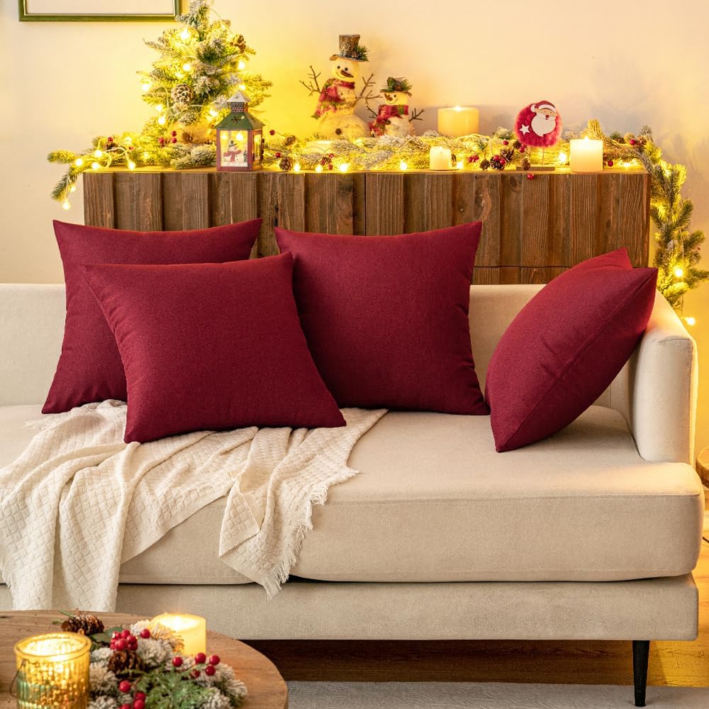 MIULEE Decorative Outdoor Throw Pillow Covers - Waterproof Faux Linen Cushion Cases | 20x12 Inch, Wine Red (Pack of 2)
