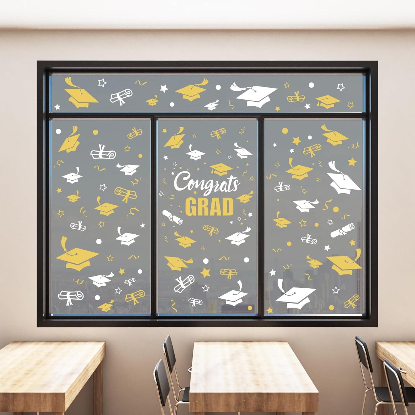 Whaline Graduation Window Clings - 236 Pcs Double-Sided White & Gold Cap Decor for Home & Office