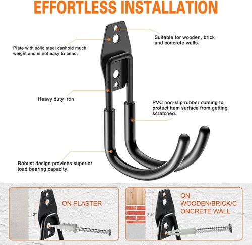 HUPBIPY Heavy Duty Garage Hooks - J Shaped Wall Mounted Storage System for Tools & Bikes | 4 Pack