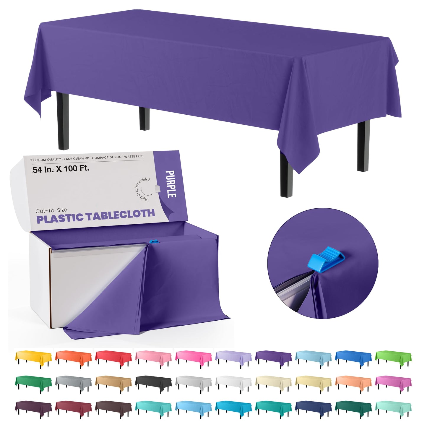 Party Solids 54 Inch X 100 Feet Purple Plastic Table Cover Roll in A Cut - to - Size Box with Convenient Slide Cutter. Cuts Up to 12 Rectangle 8 Feet Plastic Disposable Tablecloths