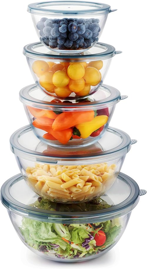 Cuiselect Glass Mixing Bowls Set - 5-Piece Nesting Bowls with Lids | Dishwasher & Microwave Safe, Various Sizes