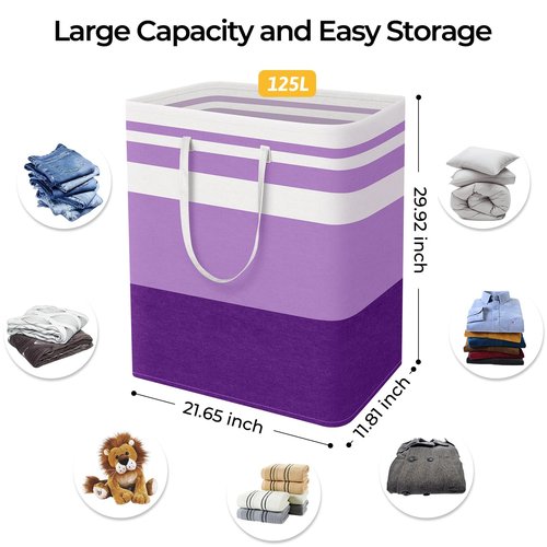 HomeHacks 2 Pack Large Laundry Baskets, Waterproof, Freestanding Laundry Hampers, Collapsible Clothes Hamper with Reinforced Handles in Laundry, College Dorm, Bathroom, Bedroom (Purple, 125Lx2)