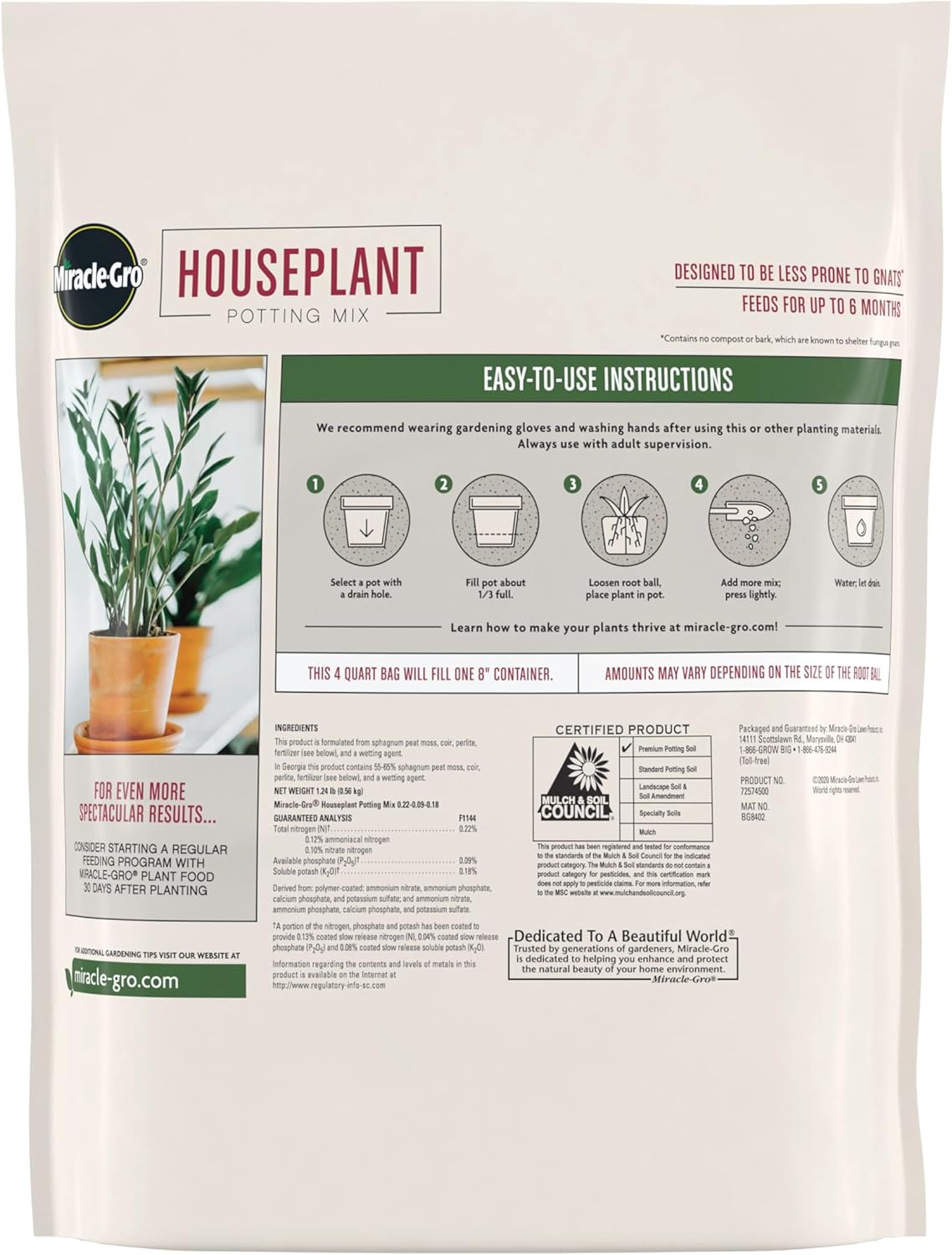 Miracle-Gro Houseplant Potting Mix - Fertilized Indoor Soil for Containers | Less Gnats, 4 Qt