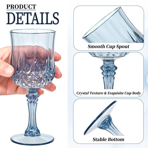 EVSGSONL 48Pack Blue Plastic Wine Glasses,Vintage Plastic Goblets for Parties, Dusty Blue Drinking Glasses Crystal Water Goblets Reusable for Wedding Reception, Grand Event Party Supplies