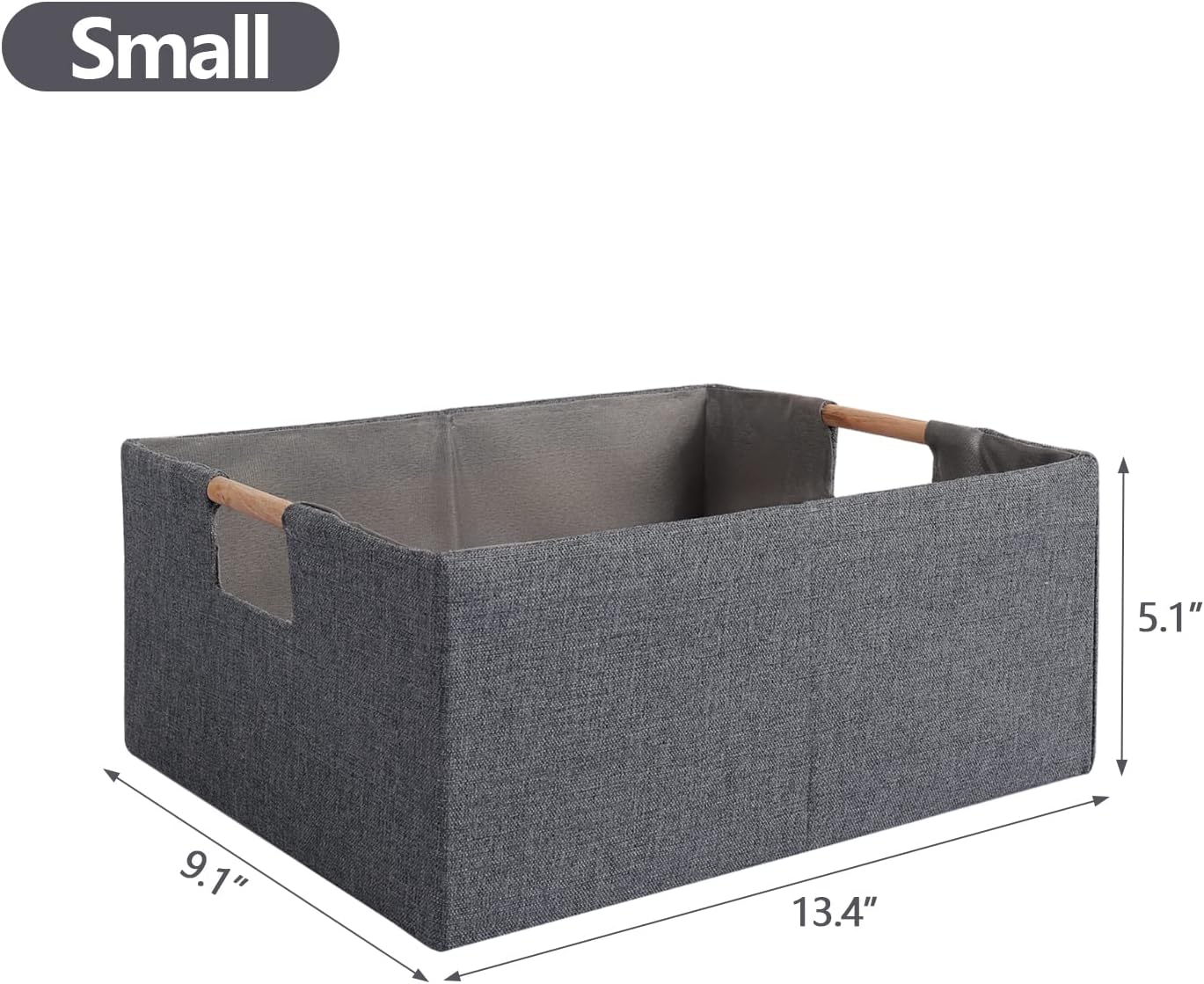 Skiennix Fabric Storage Bins - Foldable Cotton Linen Baskets with Wooden Handles | Gray, Small, 3-Pack
