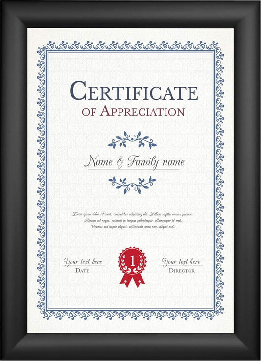 SnapeZo Certificate Frame 8.5x11 Inches, Black 1.2 Inch Aluminum Profile, Front-Loading Snap Frame, Wall Mounting, Premium Series