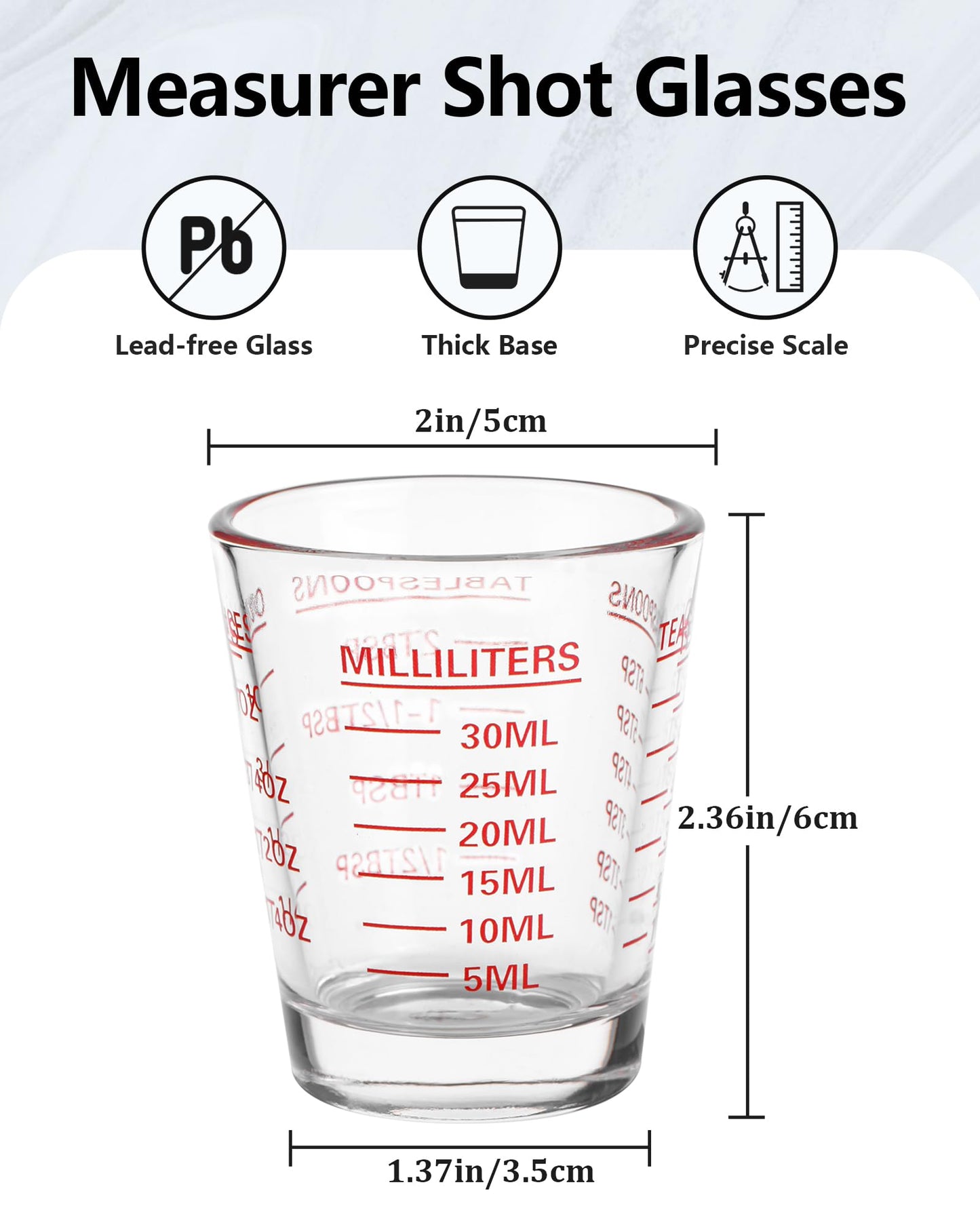 Measuring Cup Shot Glasses 2PACK Espresso Shot Glasses Liquid Heavy Glass 26-Incremental Measurement 1 OZ, 2 TBS, 6 TSP, 30 ML Kitchen Tools (Red)